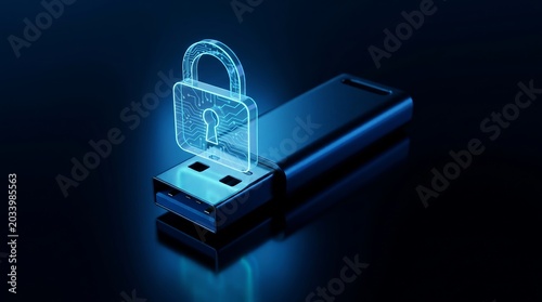 Cybersecurity Data Protection Concept: Digital Padlock on USB Drive for Secure Information Storage Solutions Advertising and Privacy Marketing.
