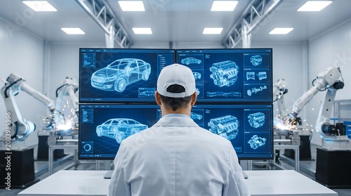 Industry 4.0 Automotive Engineer Designs Next-Gen Vehicles Using Advanced CAD Software, Surrounded by Robotic Manufacturing for Smart Factory Automation.