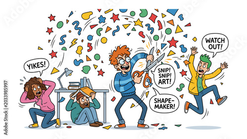 Tableau sur toile Chaos Crafting Party: Four friends are caught in a whirlwind of colorful paper confetti and shapes, as one enthusiastically cuts more with giant scissors, causing playful panic