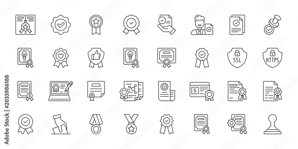 Fototapeta premium Digital Certification icons in line design. digital, certification, verification, security, validation, document, approval on white background vector. Digital Certification editable stroke icon