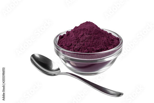 Elderberry Powder in Glass Bowl with Spoon Isolated on Transparent Background