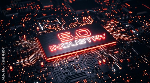 Industry 5.0 technology concept with glowing microchip and circuit board, ideal for digital transformation, AI, and smart factory presentations.