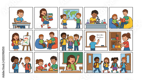 Tableau sur toile Back to School: A charming collage depicting various scenes of children engaged in learning activities, celebrating the joy and excitement of returning to school