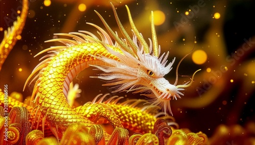 Close-up of a golden dragon with intricate shining scales against a gorgeous bokeh background.