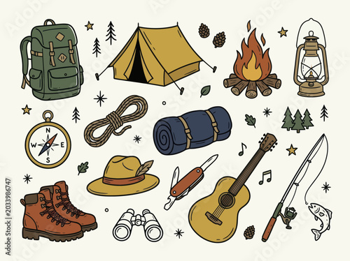 Fotografie Collection of hand drawn camping and outdoor adventure gear illustrations
