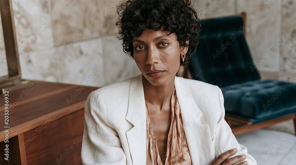 Fototapeta premium Elegant young woman with curly short hair looking at camera in a luxury interior. Confident female entrepreneur wearing a white blazer and gold earrings.