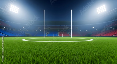 Empty rugby stadium with goalposts night game preparation