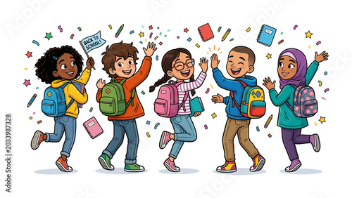 Tableau sur toile Back to School Celebration: A diverse group of smiling children, adorned with backpacks and holding books, joyfully celebrates the start of a new school year with confetti and a congratulatory flag