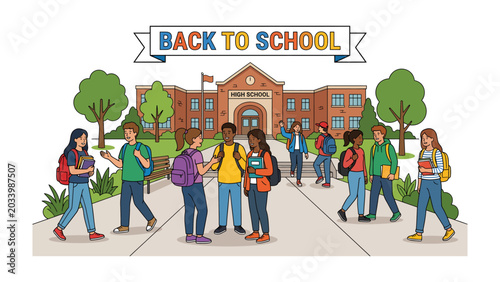 Slika na platnu Back to School Excitement: Students of diverse backgrounds arrive at their high school, carrying books and backpacks, ready for a new academic year under a banner proclaiming Back to School