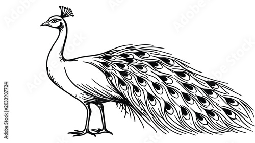 Outline drawing of a peacock with elaborate tail feathers, illustration