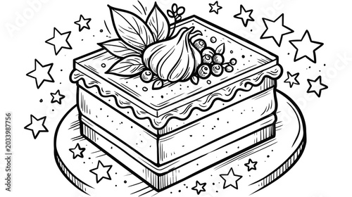 Square cake topped with garlic herbs berries surrounded by stars, line art