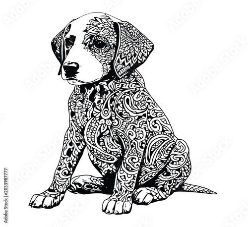 Sitting puppy with intricate paisley patterns covering its body, line art