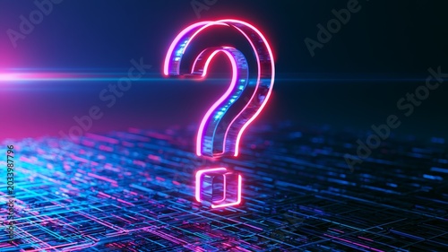 Glowing question mark symbol floating above a dark digital grid. Cyberpunk blue and purple lighting creating a mystery concept