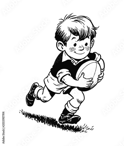 Cartoon boy playing rugby black and white line drawing activity recreation