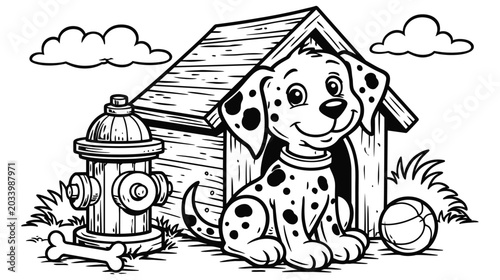 Dalmatian puppy sitting by doghouse and fire hydrant, cartoon illustration