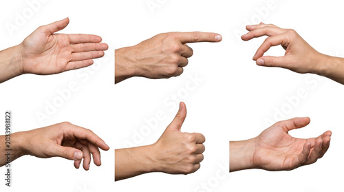 Fotografie Professional photograph of six distinct human hand gestures, including pointing, thumbs up, and open palm