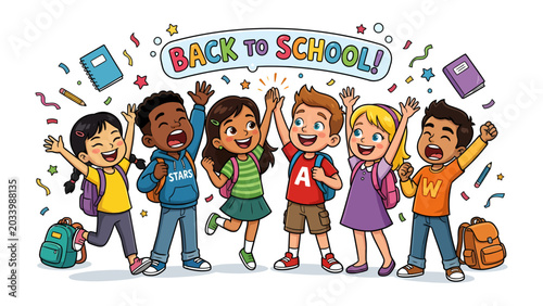 Fotografía Back to School Excitement: A vibrant illustration captures the joyous return to school with a diverse group of smiling children, arms raised in celebration, surrounded by confetti, books