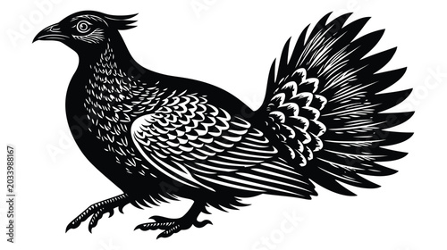 Detailed ink drawing of a wild bird with textured feathers and prominent tail