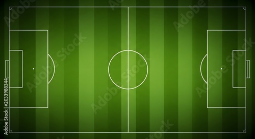 Aerial view of a soccer field with white markings and goalposts