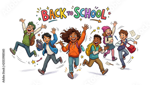 Foto Back to School Excitement: A group of diverse children leap with joy, celebrating the start of a new school year, clutching books and backpacks