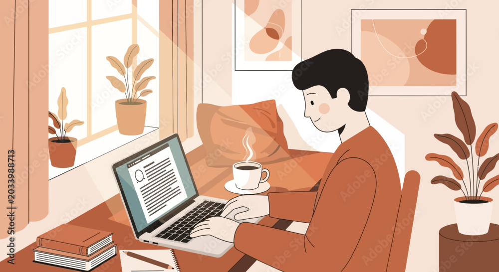 Fototapeta premium Young man working on laptop at home, cozy atmosphere, natural light, plants, coffee