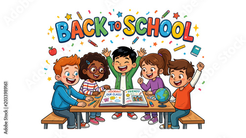 Fényképezés Back to School Excitement: A vibrant illustration depicts a diverse group of smiling children gathered around a school desk, celebrating the start of the new academic year with books, a globe