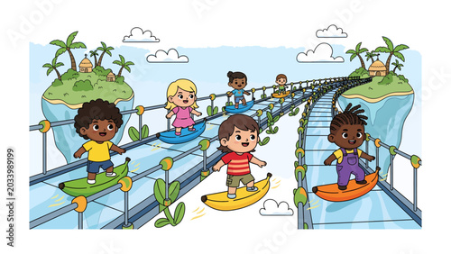 Photography Surfing on Banana Rafts: A vibrant illustration depicts children joyfully surfing on banana-shaped rafts down a thrilling water slide, surrounded by tropical islands and fluffy clouds