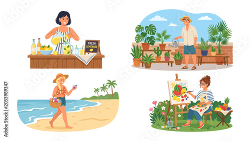 Obraz na płótnie Summer Leisure Collage: A vibrant collage showcasing various summer activities, including a lemonade stand, tending to plants on a balcony, a woman strolling on a beach