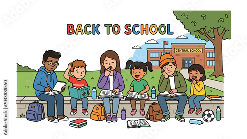 Fényképezés Back to School Scene: A group of diverse children sit on a wall outside a school building, ready to embark on a new academic year filled with learning and friendship