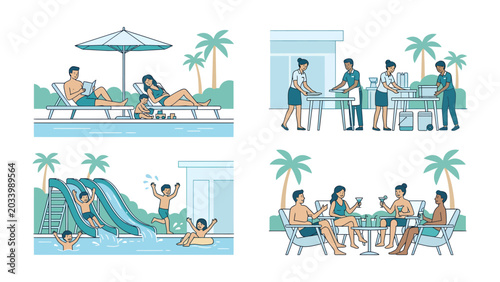 Schilderij op canvas Summer Fun Collage: A vibrant collage depicting various leisure activities, including sunbathing by the pool, a barbecue party, children enjoying a water slide, and friends relaxing with drinks
