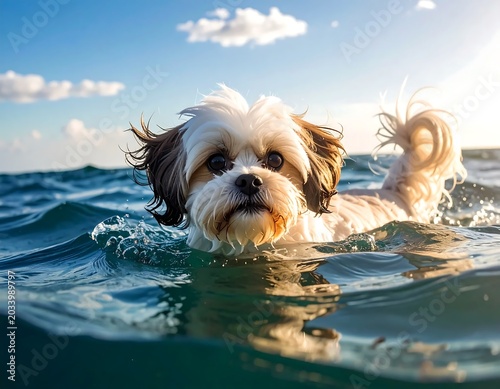 Fluffy Small Dog Swimming in Clear Ocean Water at Sunny Beach