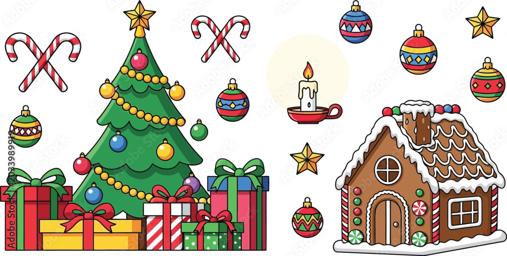 Naklejka premium Christmas scene with a decorated tree gifts candy canes a gingerbread house