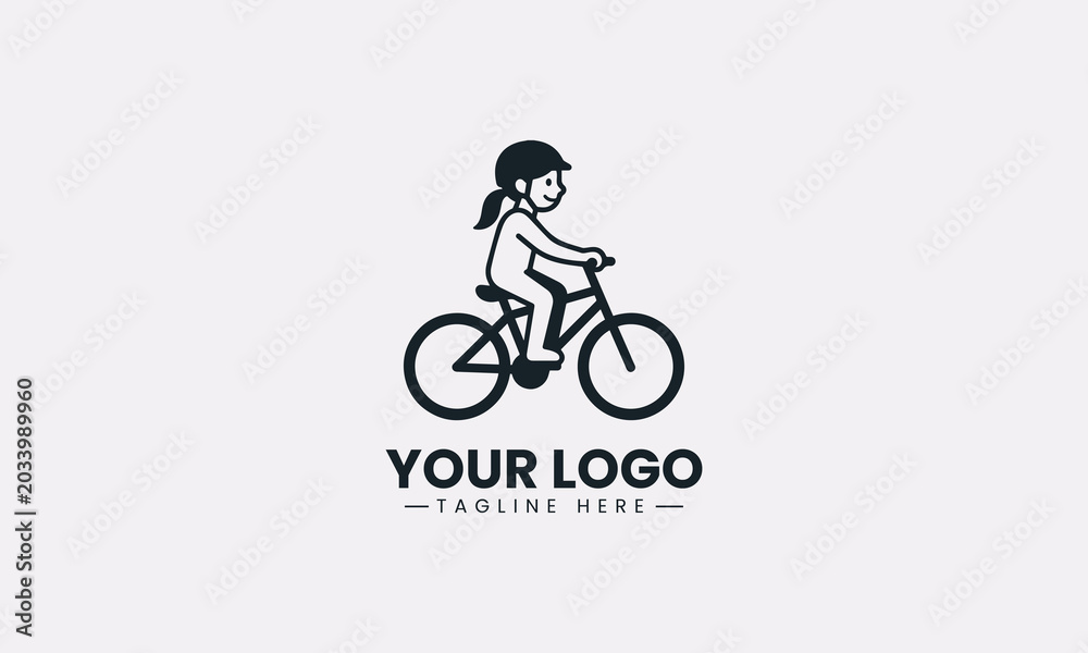 Fototapeta premium Girl riding bicycle silhouette clean minimalist black vector logo