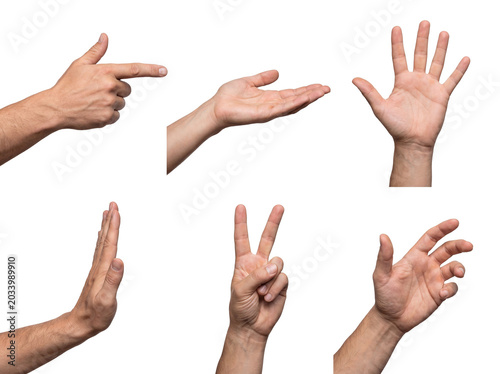 Cuadro en lienzo A diverse set of six male hand gestures, including pointing, open palm, and peace sign