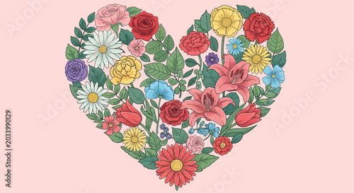 Fotografía Heart shaped floral arrangement with various colorful flowers, flower bouquet