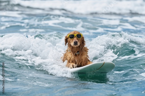 A dog rides a surfboard on the ocean waves wearing sunglasses.