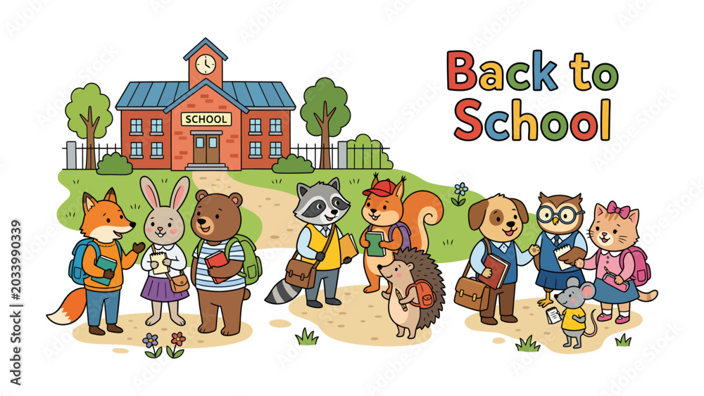 Naklejka premium Back to School Animals: A charming group of anthropomorphic animals, each with backpacks and books, gather in front of a school building, ready to embark on a new academic journey.