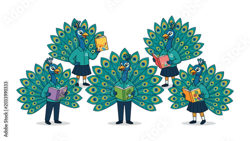 Schilderij op canvas Peacock Scholars: A group of five anthropomorphic peacocks, adorned with their magnificent tail feathers, are depicted as students engrossed in reading books