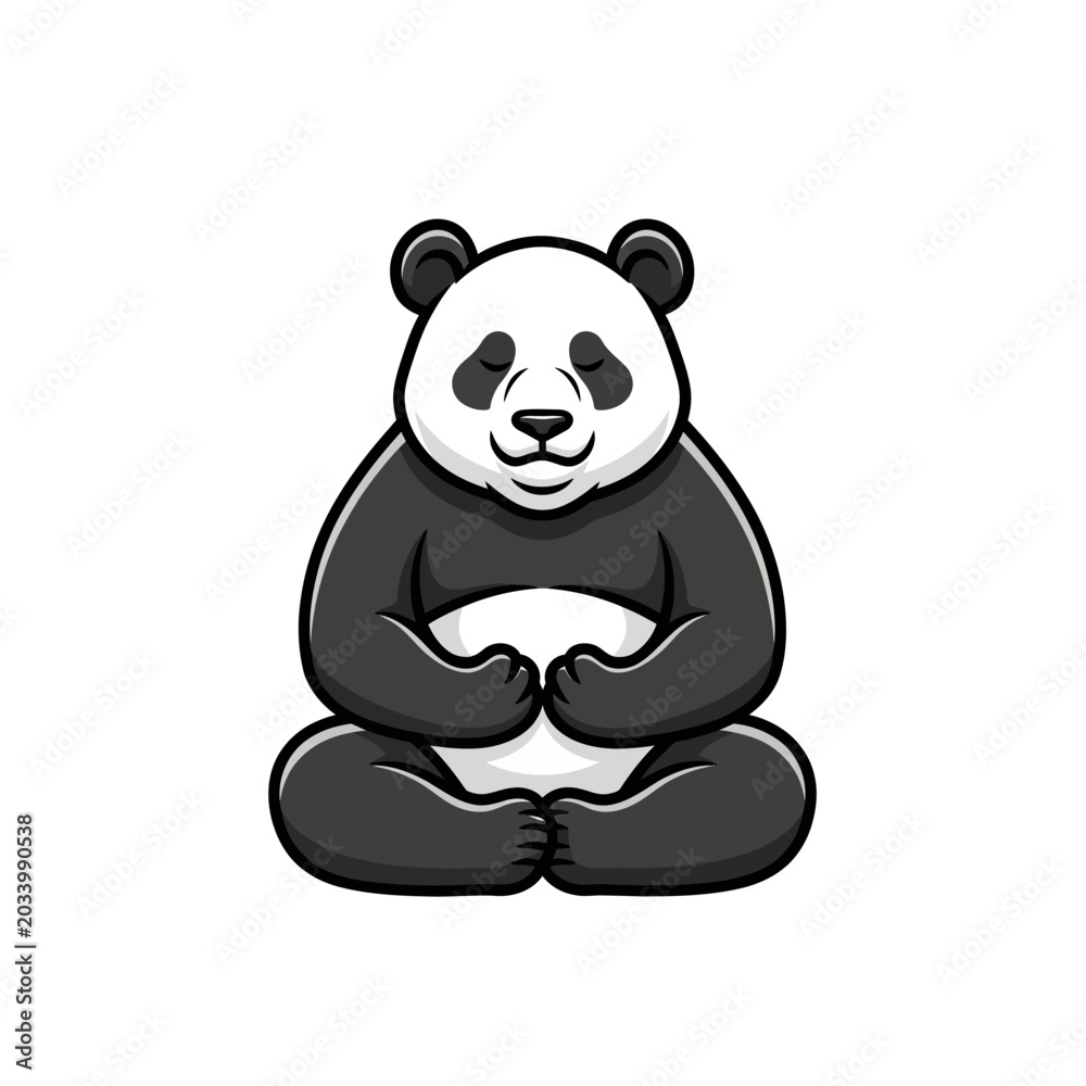 Fototapeta premium Cute cartoon panda meditating in lotus position, symbolizing peace, calm, and mindfulness.