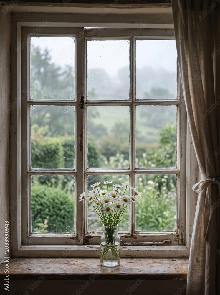 Fototapeta premium Window view of a misty garden with white flowers