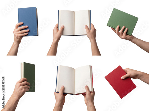 Fotografie Diverse human hands holding an array of colorful books, open and closed, isolated on a transparent background