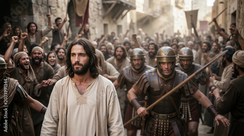Jesus Christ led by Roman soldiers through a crowd. Historical reenactment of biblical judgment scene