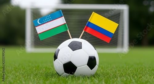 Uzbekistan vs colombia soccer match flags on a football
