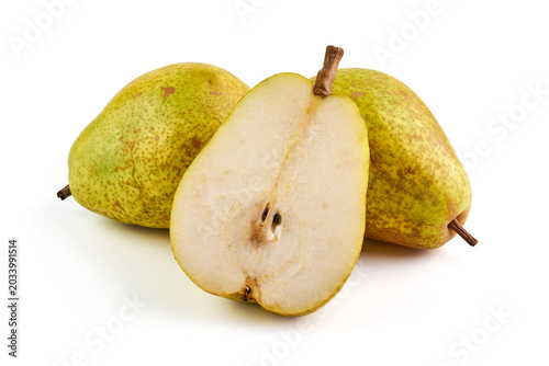 Schilderij op canvas Green Pears Whole and Halved, isolated on white background