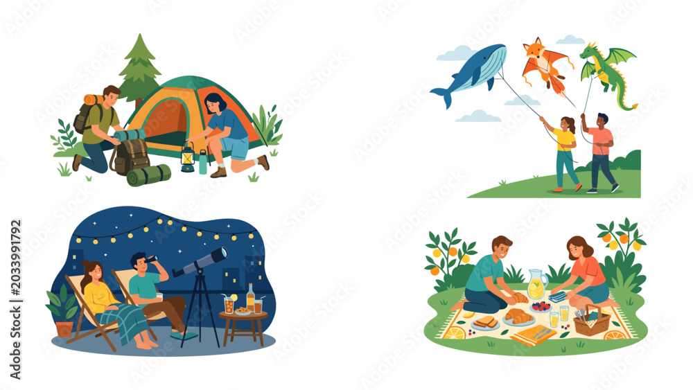 Fototapeta premium Leisure Activities Collage: A vibrant collage showcasing four distinct leisure activities: camping, kite flying, stargazing, and picnicking, representing diverse ways to enjoy free time outdoors.