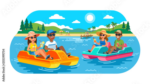 Tableau sur toile Joyful Summer Pedal Boat Ride: Two couples enjoy a fun-filled summer day, pedaling colorful boats across a sparkling blue lake surrounded by scenic tropical islands and a beach