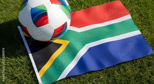South africa national soccer team concept with flag and ball on grass
