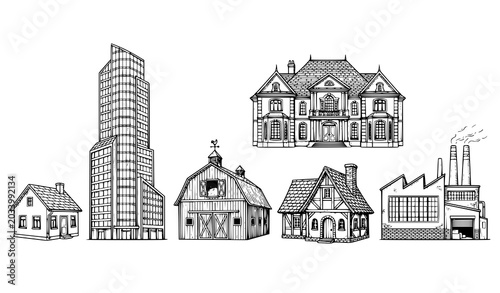 Foto Hand Drawn Building Vector Set with House Skyscraper Barn Mansion Cottage and Fa