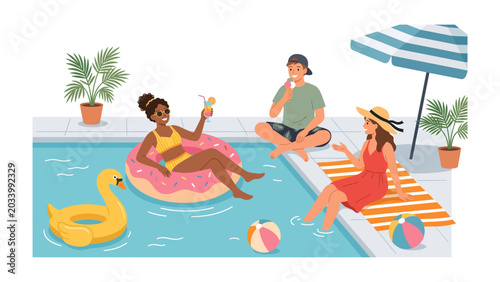 Schilderij op canvas Poolside Paradise: Three friends revel in a sunny summer day, relaxing by a sparkling blue pool with inflatable toys and refreshing drinks, embodying the essence of leisure and fun