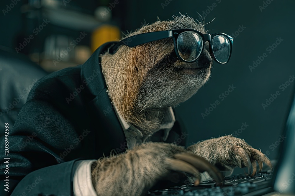 Fototapeta premium A sloth wearing glasses and typing on a keyboard. In a suit. Technological concept. Dark room.